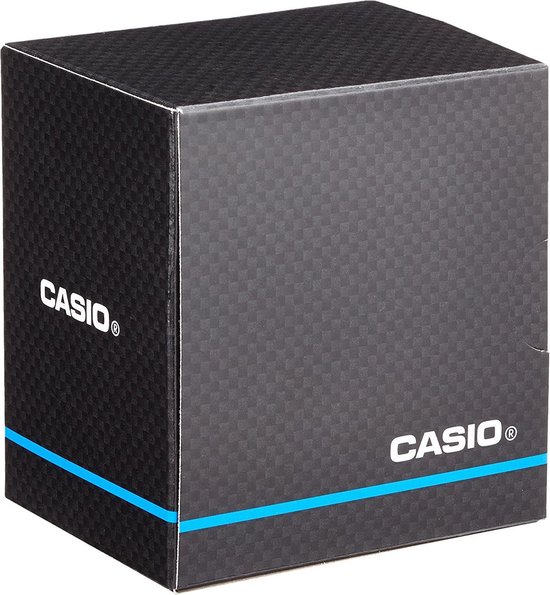 Boîte de montre Casio avec motif fibre de carbone noir et gris et bande bleue.