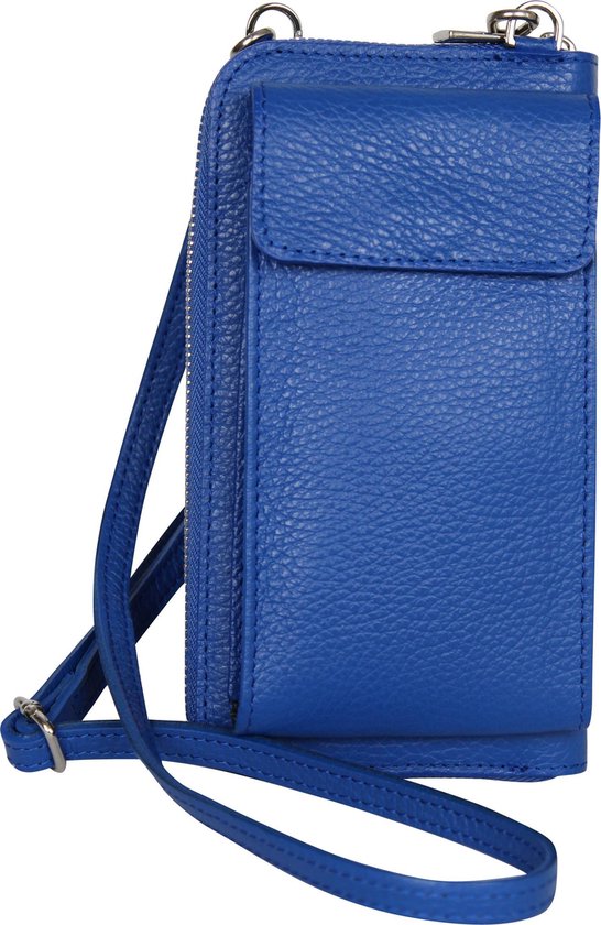 AmbraModa GLX21 - Italiaanse portemonnee telefoontasje schoudertas clutch bag gemaakt van echt leer. Koningsblauw