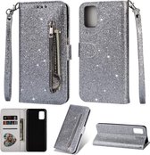 Bookcase Geschikt voor: Samsung Galaxy M51 Glitter met rits - hoesje - portemonnee hoesje - Zilver