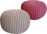 Pippa Design Poef - rond - gebreid - XL - beige en roze - set van 2