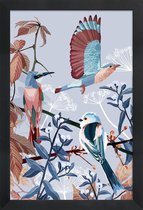JUNIQE - Poster in houten lijst Birds Of Winter -40x60 /Blauw & Bruin