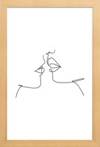 JUNIQE - Poster met houten lijst Oneline Kiss -13x18 /Wit & Zwart