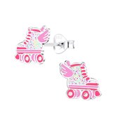 Joy|S - Zilveren rolschaats oorbellen - rollerskates oorknopjes - roze met glitter wit