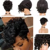 Pruik Wig Kleur 1b zwart  Grove krul kort haar met lange lok