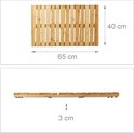 Afmetingen van de houten badmat: 65 cm breed, 40 cm diep, 3 cm hoog.