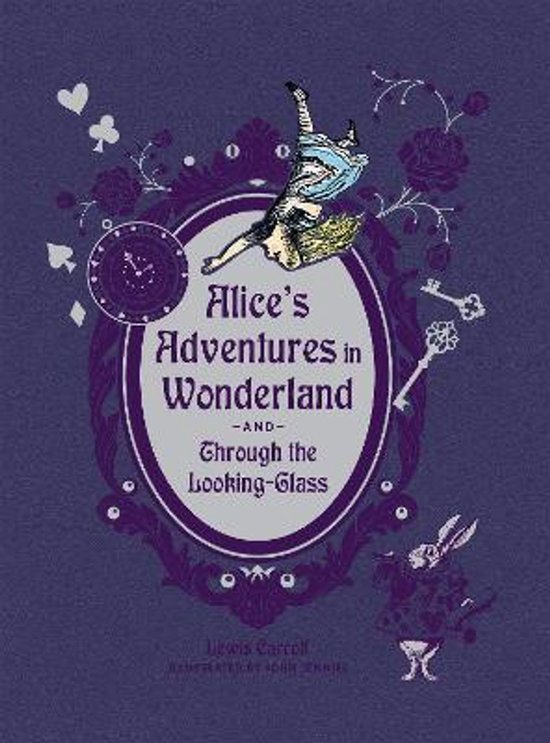 Alice's Adventures in Wonderland and Through the Looking-Glass met Alice die valt, een klok en de White Rabbit.