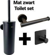 Waal© - Toilet set - Toiletset - Toiletaccessoiresets - Toiletaccessoires - Toiletborstels - Wcborstel - handdoek - haakje - houder - Zwart - mat zwart - zelfklevend - schroeven - WC rolhoude