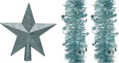 Set van een kerst ster piek en 2x stuks kerstslingers ijsblauw (blue dawn) glitter 270 x 10 cm - Kerstversiering