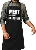 Meat is my religion barbecue schort / keukenschort zwart voor heren - kookschorten / bbq schorten