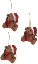 3x stuks kersthangers knuffelbeertjes bruin met rode sjaal en muts 7 cm