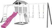 AXI Beach Tower Speeltoestel in Grijs/Wit - Speeltoren met Klimrek, Dubbele Schommel, Paarse Glijbaan en Zandbak - FSC hout - Speelhuis op palen voor de tuin