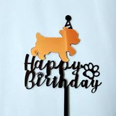 Acryl taart topper Happy Birthday voor de hond goud met zwart - hond - taarttopper - verjaardag