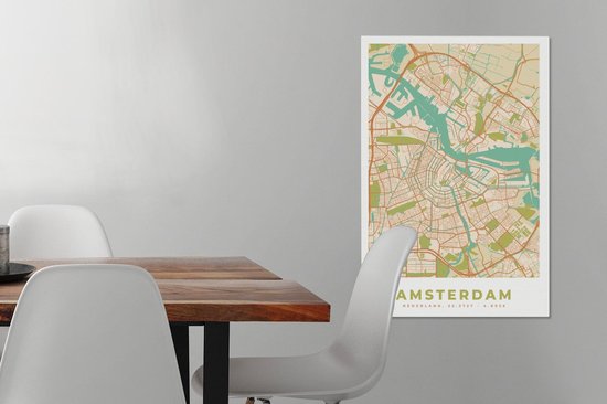 Peinture sur Toile City Map - Amsterdam - Vintage - 40x60 cm - Décoration murale - Carte