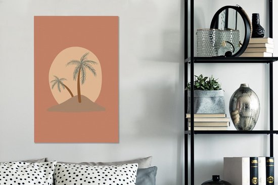 Toile Peinture Palmier - Pastel - Rouge - Soleil - 60x90 cm - Décoration murale