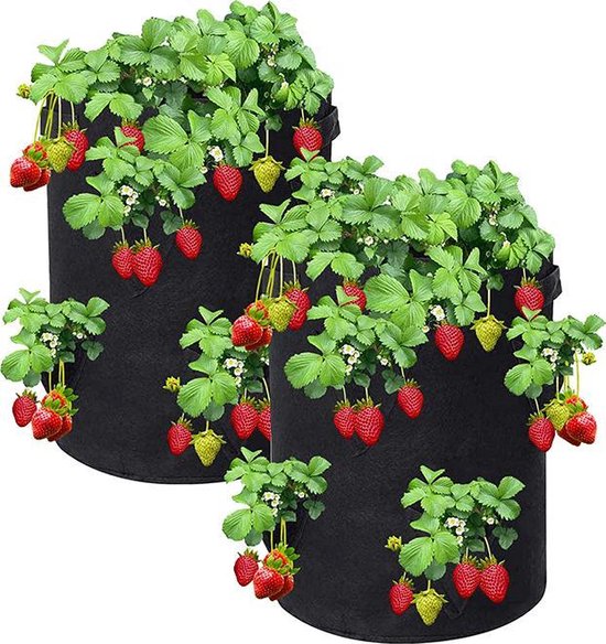 Aardbeien kweekzak 38 liter zwart Ø35x45cm | 8 extra gaten rondom | Ruimte voor 14 aardbeienplanten | Aardbeienzak, moestuin aardbeien kweken