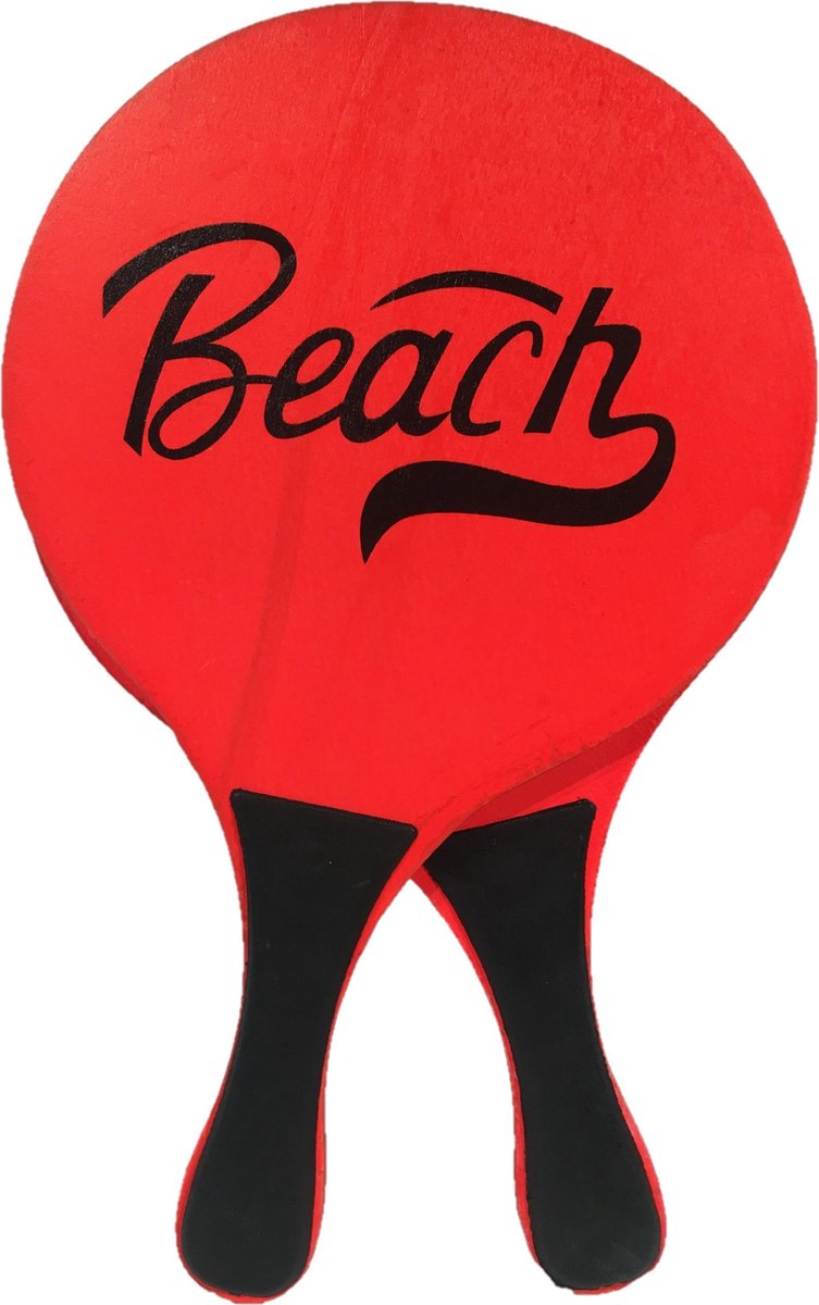 Houten beachball set neon rood - Strand balletjes - Rackets/batjes en bal - Tennis ballenspel - Gebro