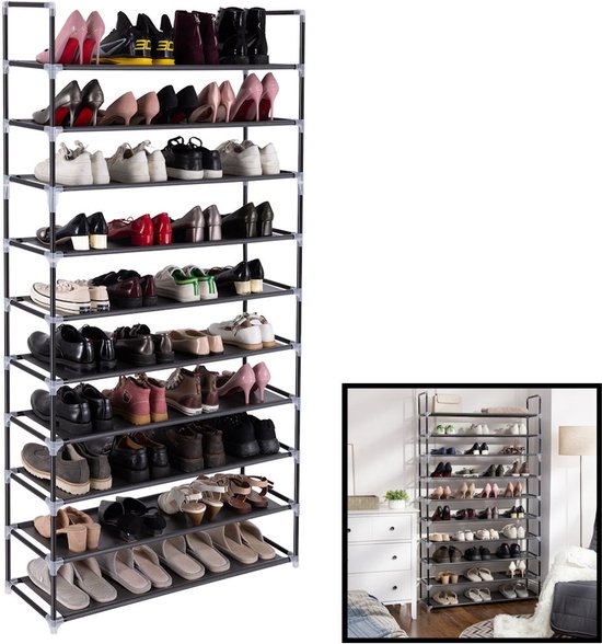 XXL Schoenenrek – Schoenenbank – Schoenenrek metaal – Schoenen opbergsysteem – Organizer voor schoenen – Opbergrek – Schoenenkast – Voor 50 paar schoenen – 10 etages - Zwart