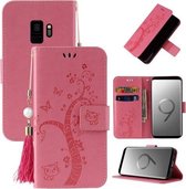 Voor Samsung Galaxy S9 Reliëf Lucky Tree Horizontale Flip Lederen Case met Houder & Kaartsleuf & Portemonnee & Lanyard (Roze)