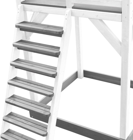 AXI Beach Tower Aire de Jeux avec Toboggan en Rouge, Cadre d'escalade, Balançoire Nid d'oiseau Noir & Bac à Sable - Grande Maison Enfant extérieur en Gris & Blanc - Cabane de Jeu en Bois FSC