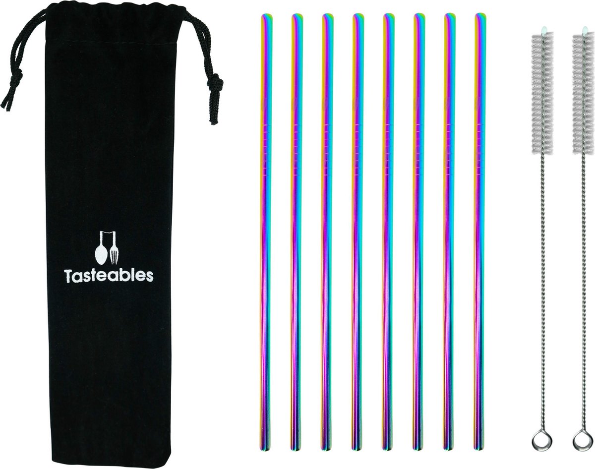 RVS Rietjes Recht - Cocktail Rietjes - Tasteables - Set van 8 - Duurzaam - Herbruikbaar - Reinigingsborstel - 210mm lengte - Regenboog