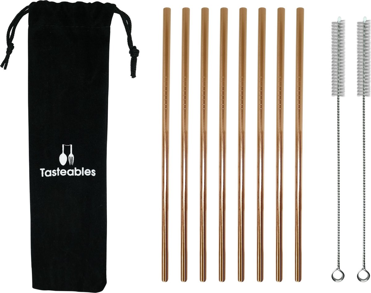 RVS Rietjes Recht - Cocktail Rietjes - Tasteables - Set van 8 - Duurzaam - Herbruikbaar - Reinigingsborstel - 210mm lengte - Rose Goud