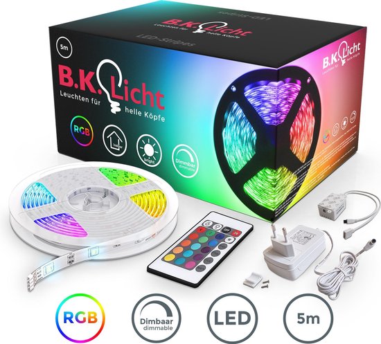 B.K.Licht - LED Strip - 5 meter - RGB verlichting - dimbaar - met afstandsbediening - zelfklevend - B.K.Licht