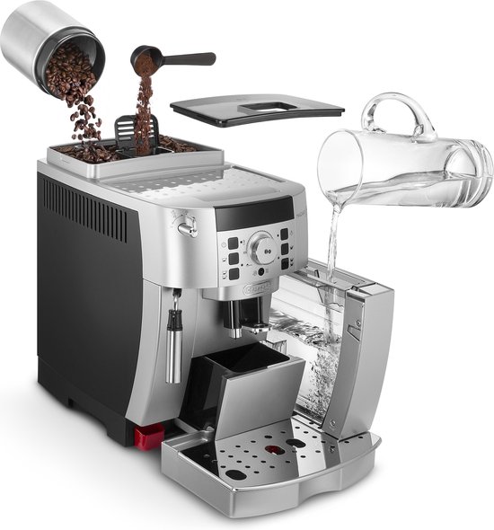 Zilverkleurige volautomaat met uitvouwbare onderdelen voor koffiebonen en waterreservoir.