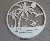 Metalen Wanddecoratie - Rond frame - Palmbomen met Vogels -Muurdecoratie - levensboom  - 3D effect - woonkamer decoratie 40 CM - model B