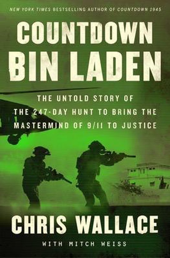 Livre 'Countdown Bin Laden' par Chris Wallace. Silhouettes de soldats, hélicoptère et texte.