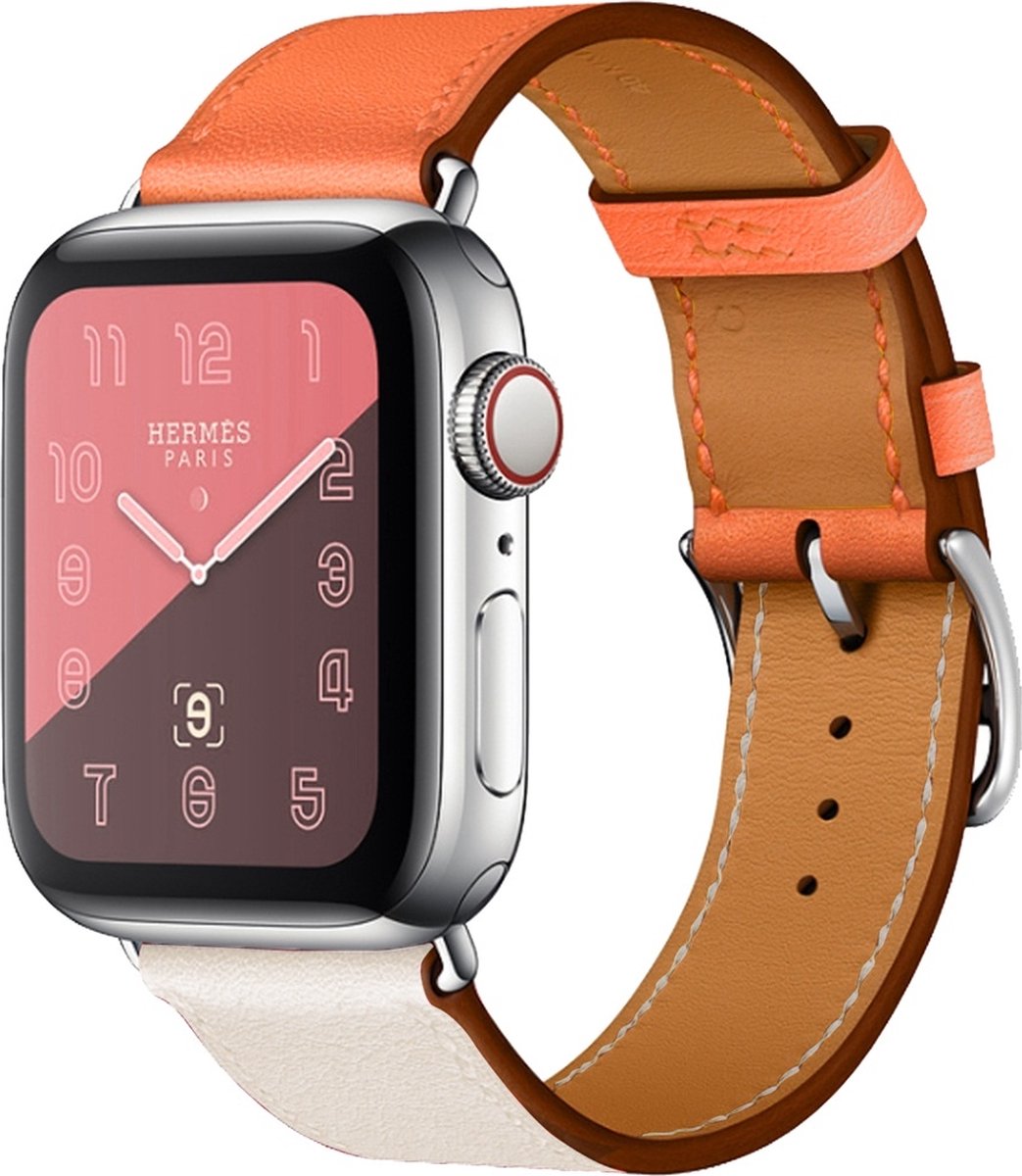 Tweekleurige lederen horlogeband met enkele lus voor Apple Watch Series 3 & 2 & 1 42 mm, kleur: rijstwit + oranje