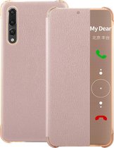 Voor Huawei P20 Pro Litchi Texture PC + PU Horizontale Flip Case met Smart View Winodw en Sleep Wake-up Function (Rose Gold)