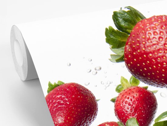 Fond d' écran - Papier peint photo - doux et fraises juteuses sur le fond blanc - Largeur 200 cm x Hauteur 220 cm