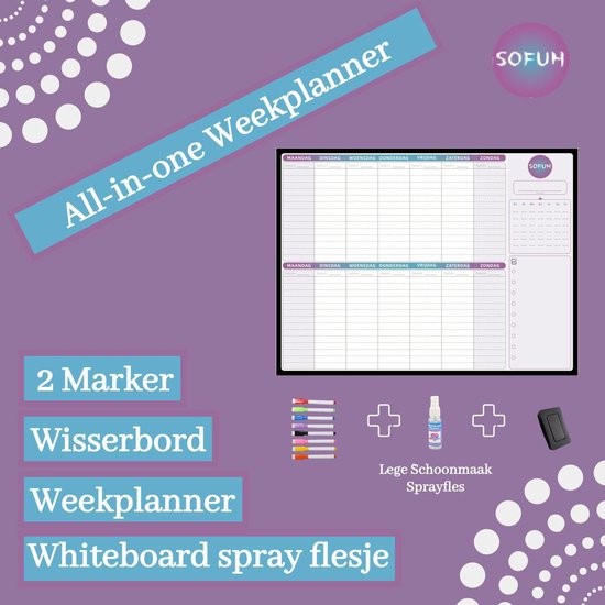 SOFUH® Whiteboard - Weekplanner & Maandplanner – Inclusief Whiteboard marker en Whiteboard wisser – Magnetische whiteboard – Agenda – Memobord, planbord, schoolbord - Familieplanner - planners - SOFUH