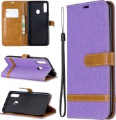 Voor Galaxy A20s Kleuraanpassing Denim Texture Horizontaal Flip Leather Case met houder & kaartsleuven & Wallet & Lanyard (paars)