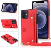 GSMNed - Leren telefoonhoesje rood - Luxe iPhone 12/12 Pro hoesje - iPhone hoes met koord - telefoonhoes 12/12 Pro met handvat - rood