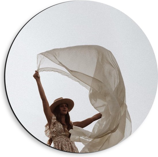 Dibond Wandcirkel - Dansende Vrouw met Doeken - 40x40cm Foto op Aluminium Wandcirkel (met ophangsysteem)