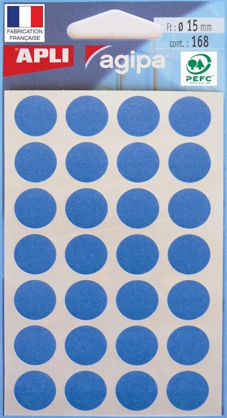 Agipa ronde etiketten in etui diameter 15 mm, blauw, 168 stuks, 28 per blad