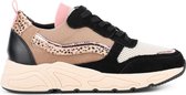 PS Poelman Dames - CAROCEL Imitatie Leren Suedè PU Runner Sneakers met Beige Profielzool - Zwart Rose Goud - Maat 38