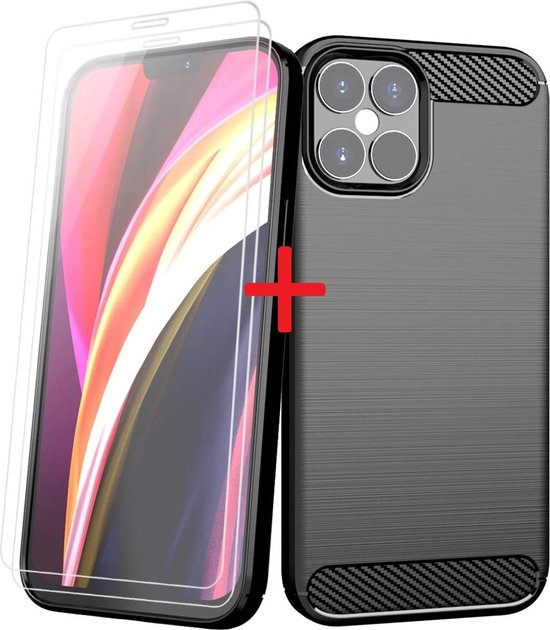 Coque en Tpu Brossé pour iPhone 12 Max / Pro 6.1 Zwart & Verre Trempé X2