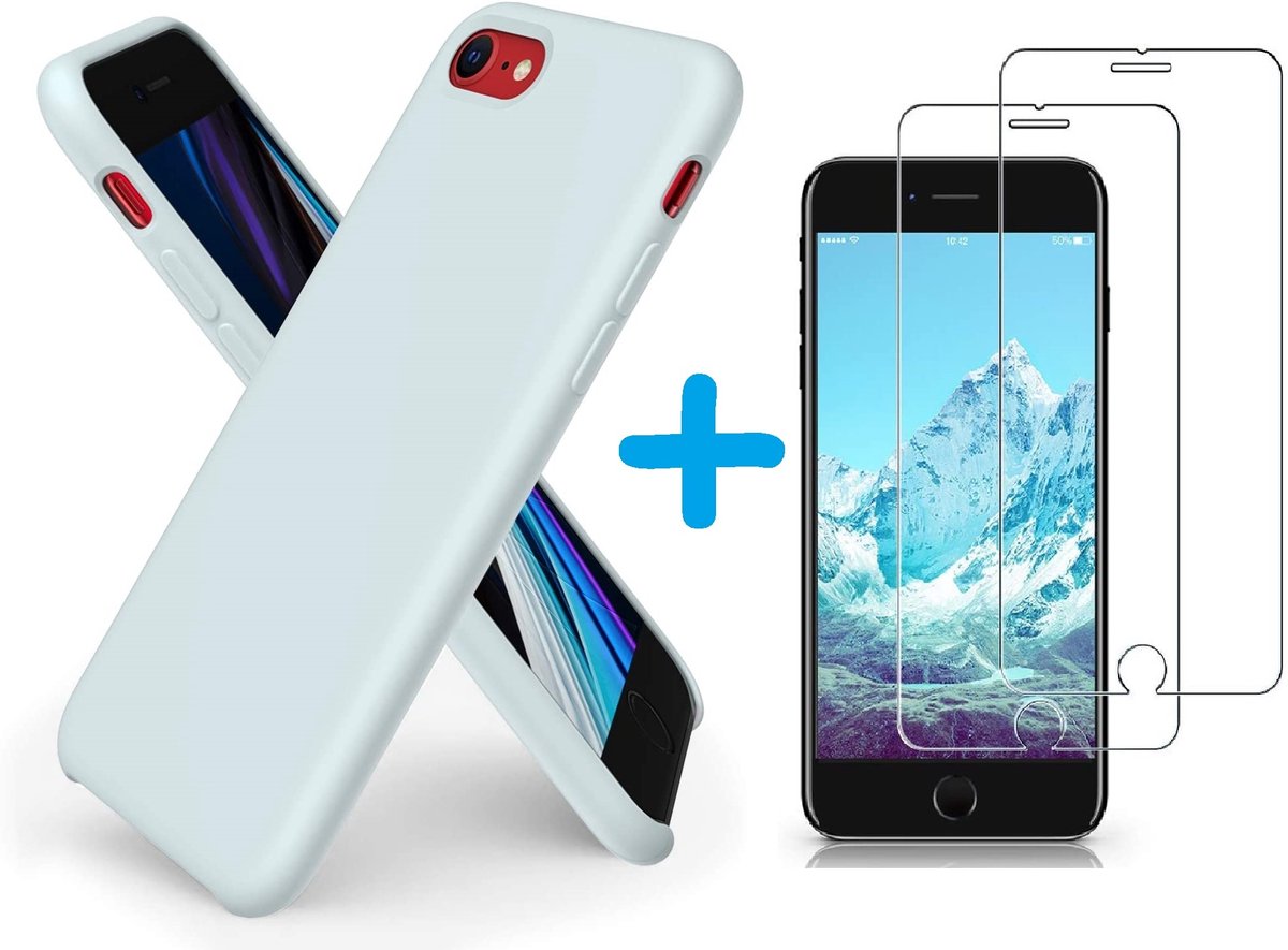 Hoesje Geschikt voor iPhone SE 2022 / 7 / 8 hoesje siliconen / nano backcover Licht Blauw met 2 Pack Screenprotector
