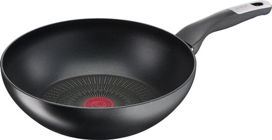Zwarte wok met rode Thermo-Spot in het midden en een zilverkleurig handvat.