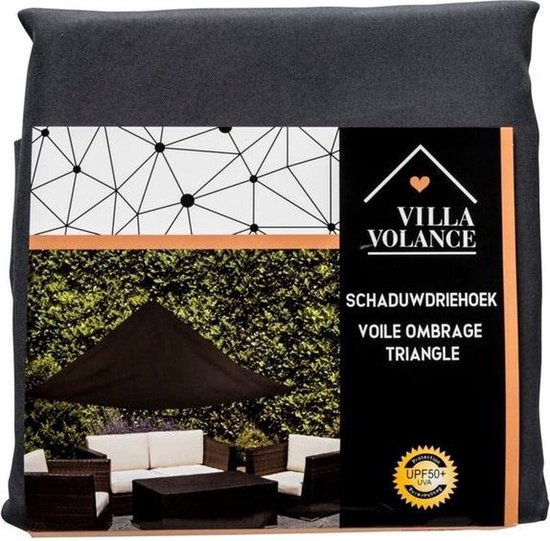 Zwarte verpakking van Villa Volance schaduwdriehoek, met afbeelding van een loungeset onder bruin schaduwdoek.