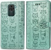 Voor Xiaomi Redmi 10X (4G) / Note 9 Leuke Kat en Hond Reliëf Horizontale Flip Leren Case met Beugel / Kaartsleuf / Portemonnee / Lanyard (Groen)