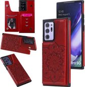 Voor Samsung Galaxy Note 20 Ultra bloem reliëf patroon schokbestendig beschermhoes met houder & kaartsleuven & fotolijst (rood)