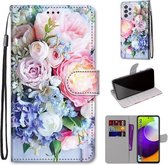 Voor Samsung Galaxy A52 5G Gekleurde Tekening Cross Textuur Horizontale Flip PU Lederen Case met Houder & Kaartsleuven & Portemonnee & Lanyard (Lichtroze Boeket)