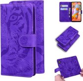 Voor Samsung Galaxy A11 (EU-versie) Tijger reliëfpatroon Horizontale flip lederen tas met houder & kaartsleuven en portemonnee (paars)