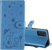 Voor Samsung Galaxy Note 20 Cat Bee Embossing Pattern Shockproof Horizontale Flip Leather Case met houder & kaartsleuven & portemonnee (blauw)