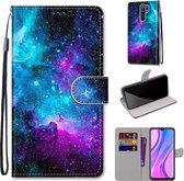 Voor Xiaomi Redmi 9 Gekleurde Tekening Cross Textuur Horizontale Flip PU Lederen Case met Houder & Kaartsleuven & Portemonnee & Lanyard (Paars Groen Sterrenhemel)