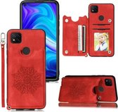 Voor Xiaomi Redmi 9C Mandala reliëf PU + TPU hoesje met houder & kaartsleuven & fotolijst & draagriem (rood)