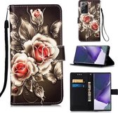 Voor Samsung Galaxy Note20 Ultra gekleurd tekeningpatroon Plain Weave horizontale Flip lederen tas met houder & kaartsleuf & portemonnee & lanyard (rozen op zwart)